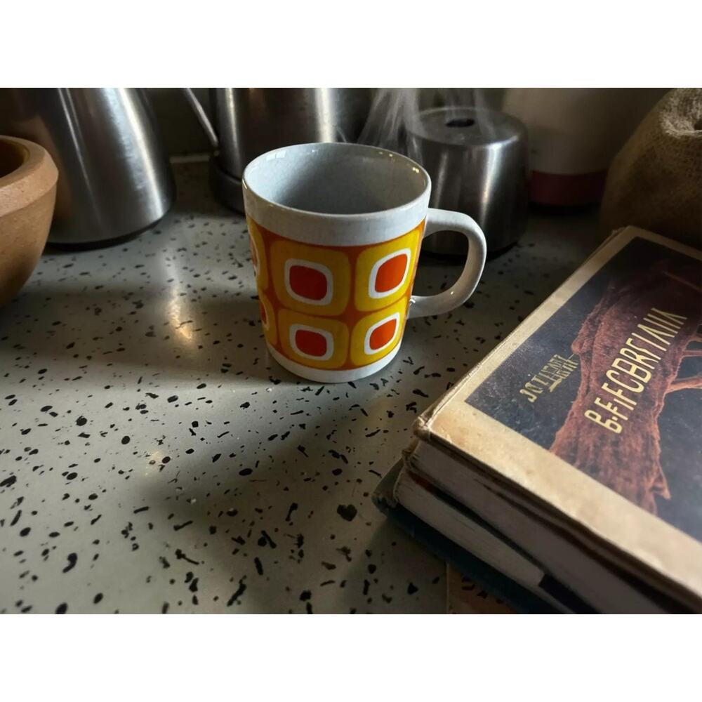 Vintage 70s Geometric Stoneware Mug Orange Yellow Mod Coffee Cup